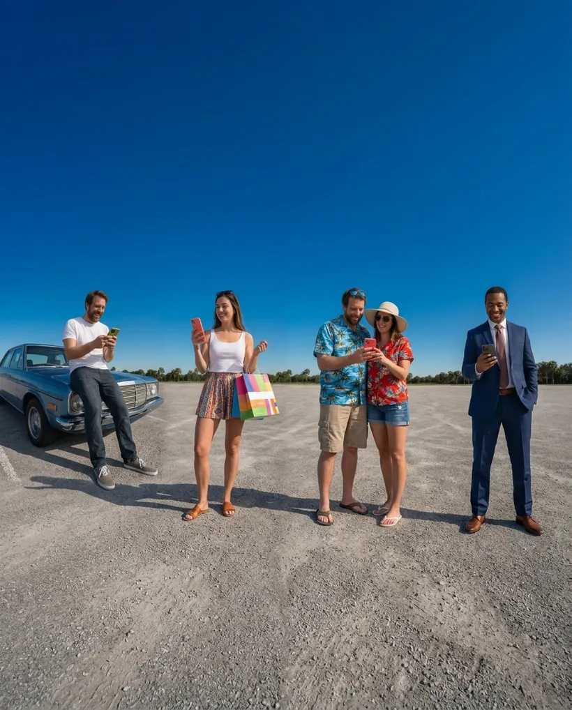 Customers in a sunlit parking lot, each smiling at a personalized page on their phone.