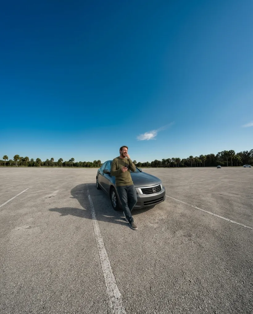 A customer leaning on his car in an empty parking lot, smiling at a message on his phone.