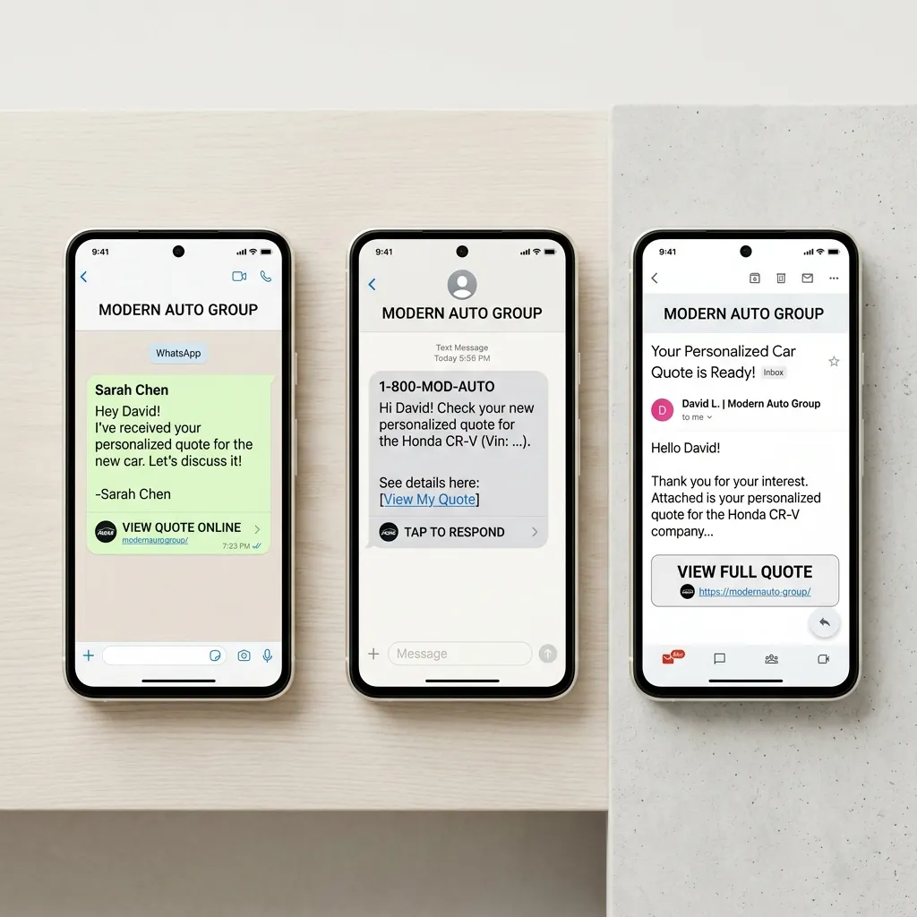 The same personalized quote arriving over WhatsApp, SMS and email on three phones.