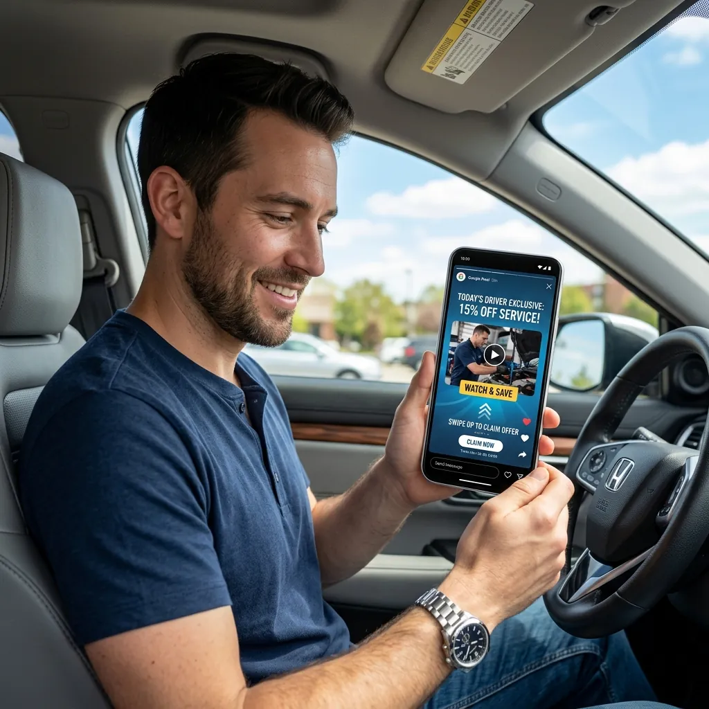 A driver watching a personalized service offer story on his phone.