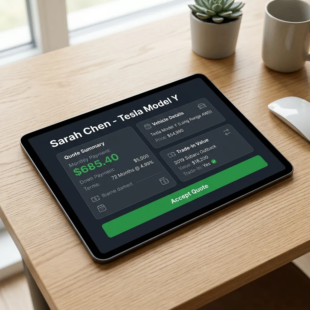 A personalized quote page with payment terms and trade-in value on a tablet.