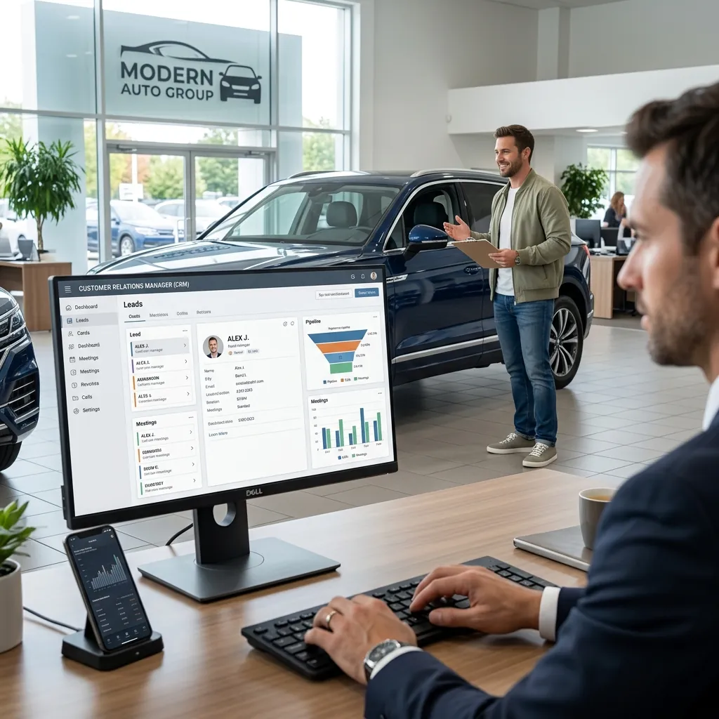 A CRM lead screen updating at a dealership desk as a customer arrives.